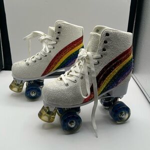 Dolls Kill White Glitter Rainbow Roller Skates